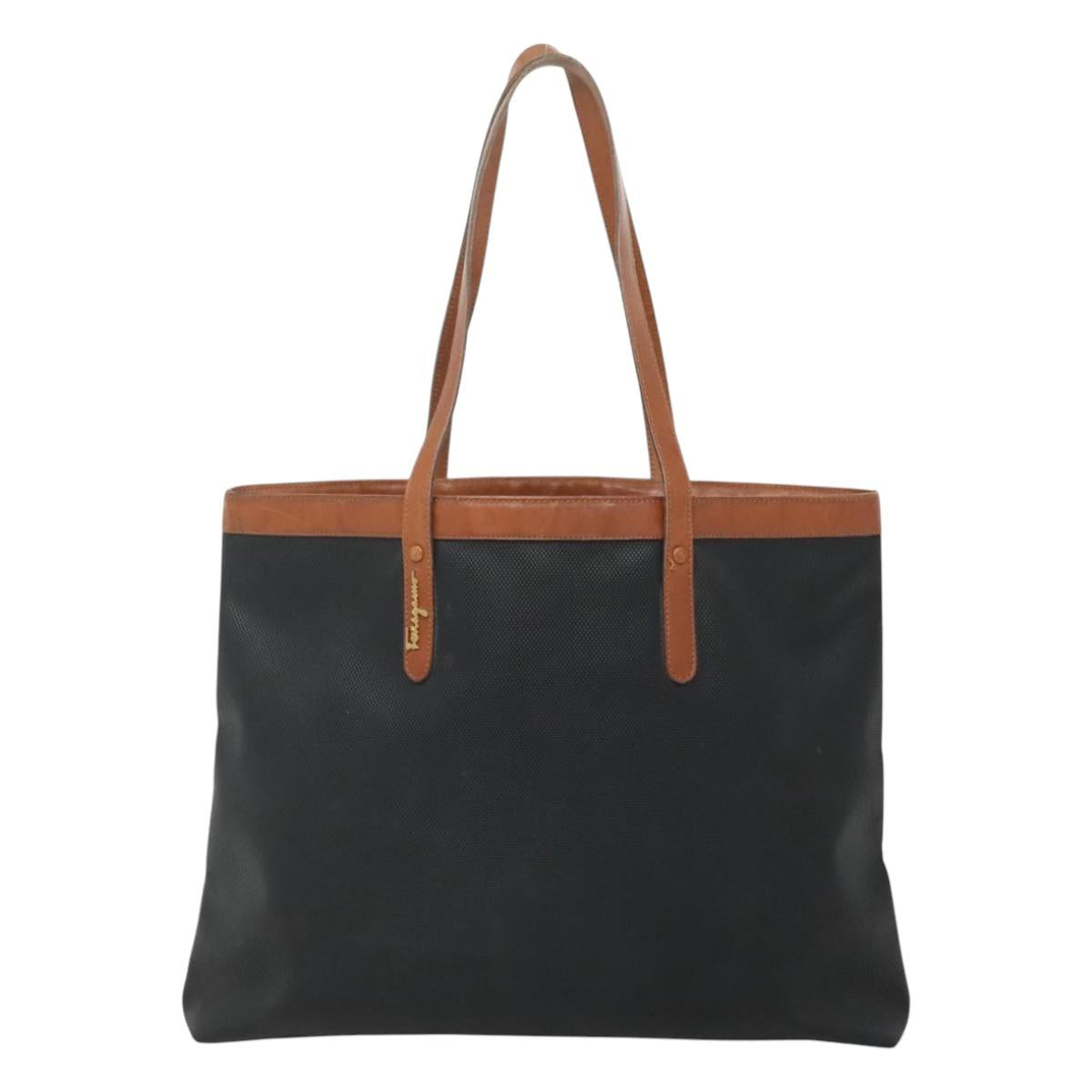 Salvatore Ferragamo Tote Bag PVC Leather Black Gold Auth ar13392