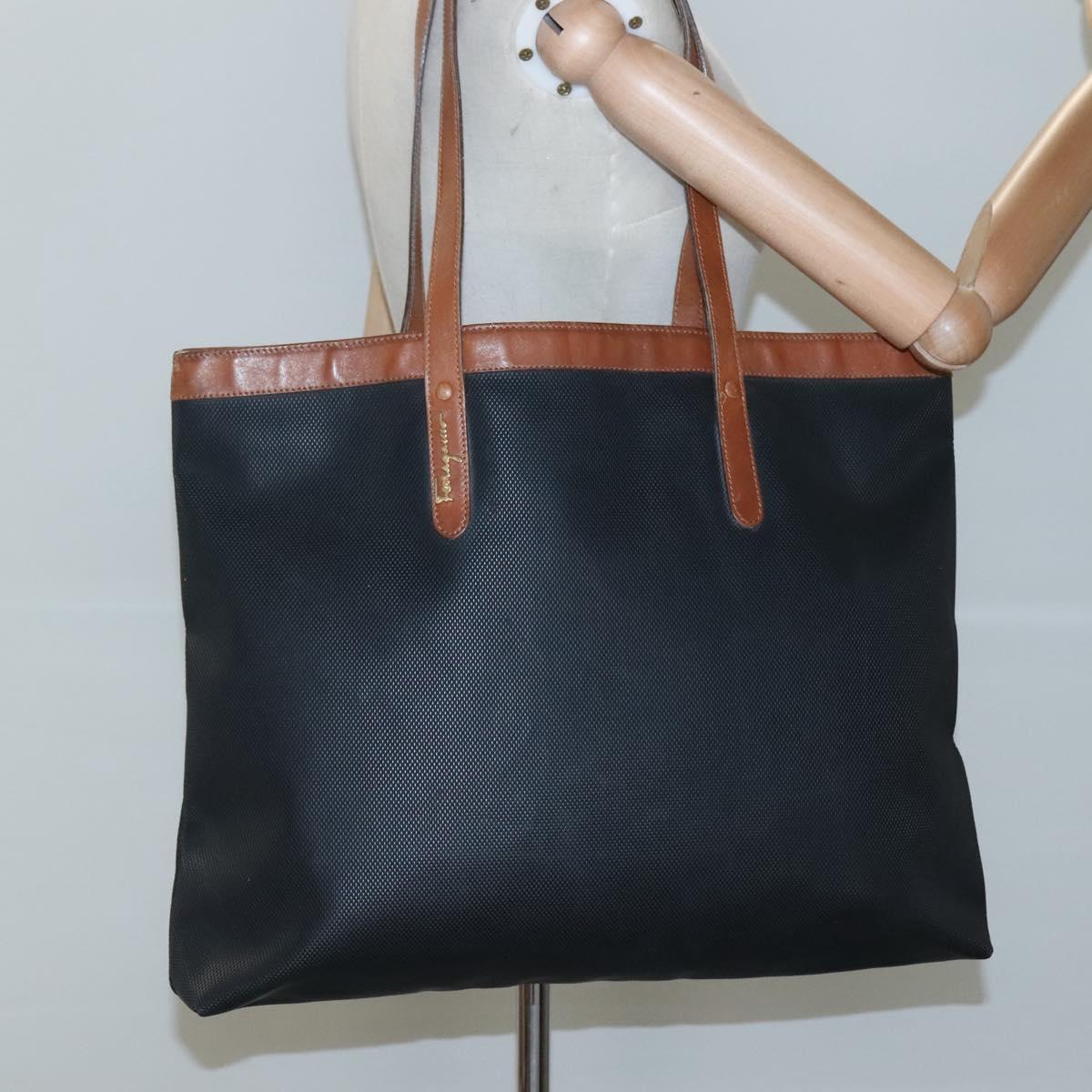 Salvatore Ferragamo Tote Bag PVC Leather Black Gold Auth ar13392
