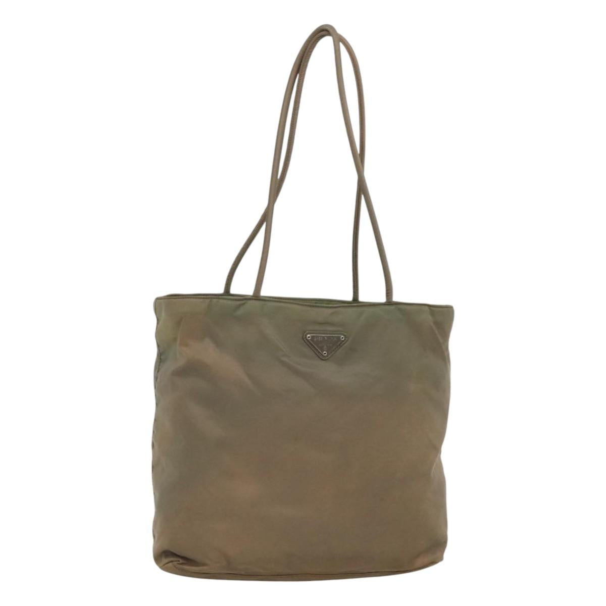 PRADA Tote Bag Nylon Beige Silver Auth ar13394