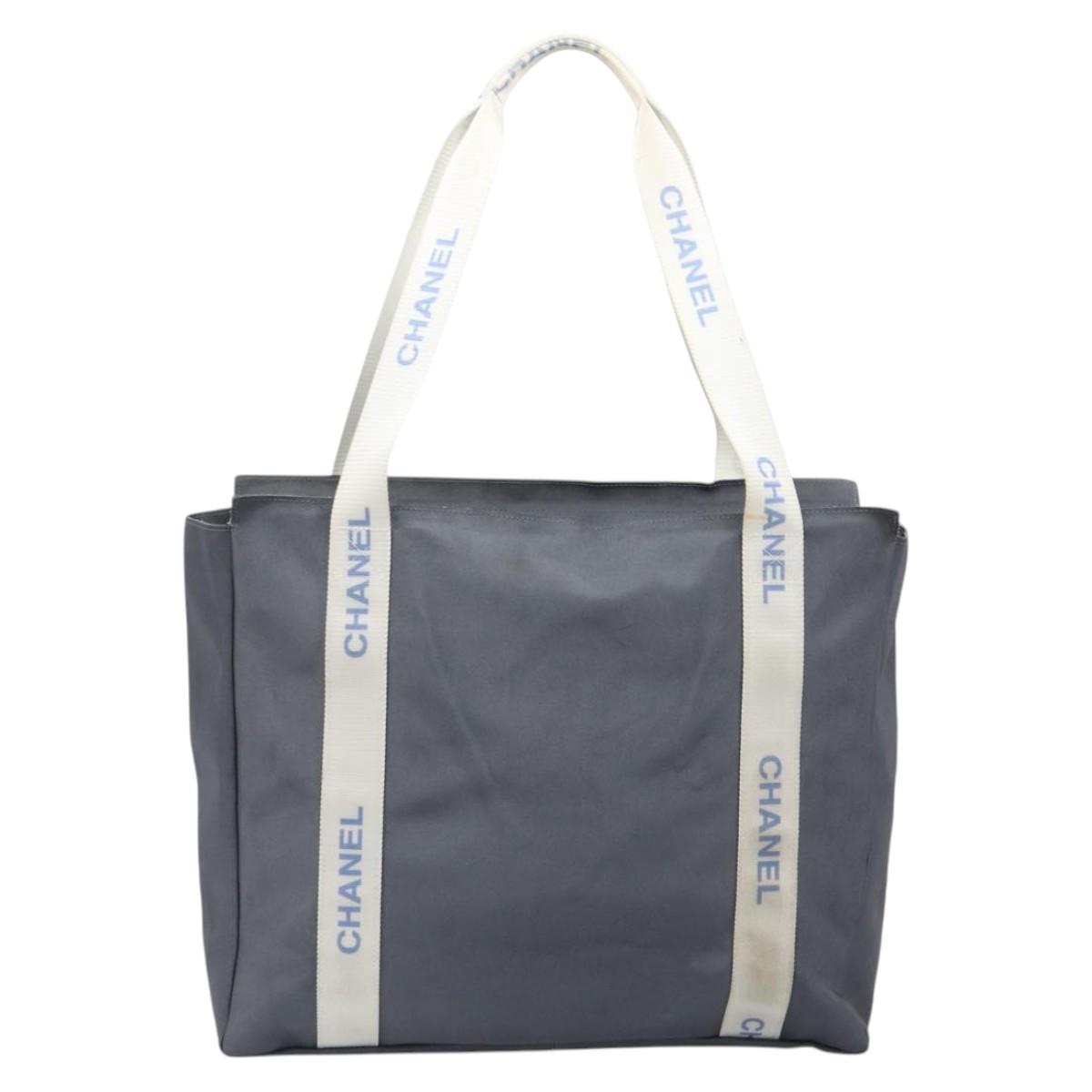CHANEL Sports Tote Bag Nylon Gray White CC Auth ar13479