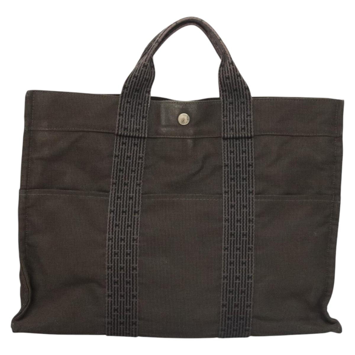 HERMES Her Line MM Tote Bag Canvas Gray Silver Auth ar13480