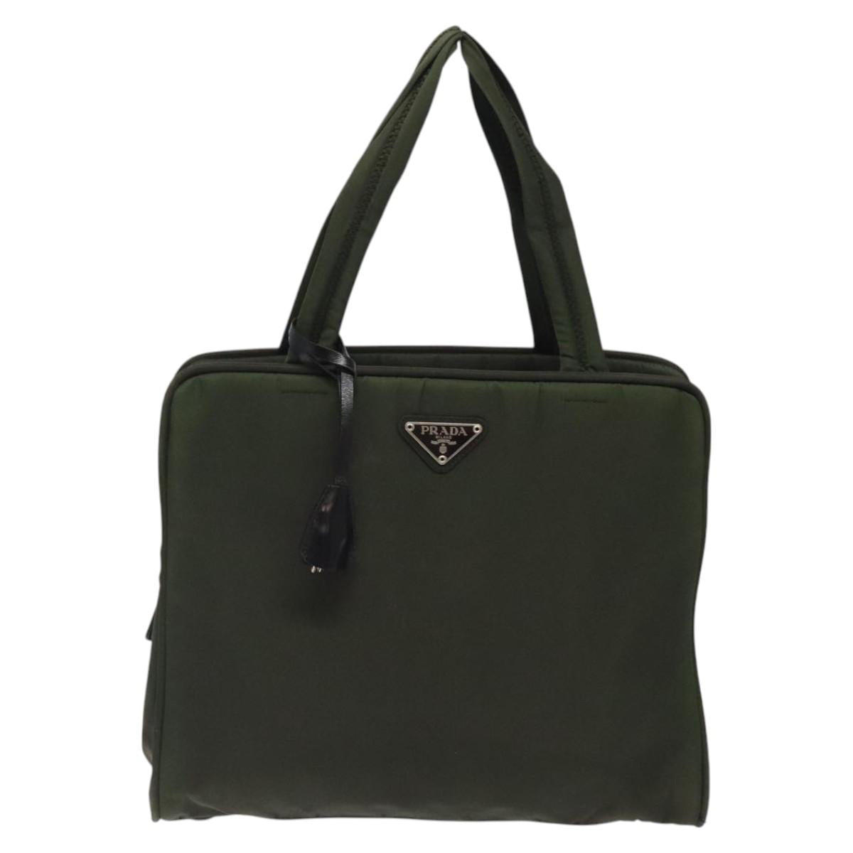 PRADA Hand Bag Nylon Khaki Silver Auth ar13534