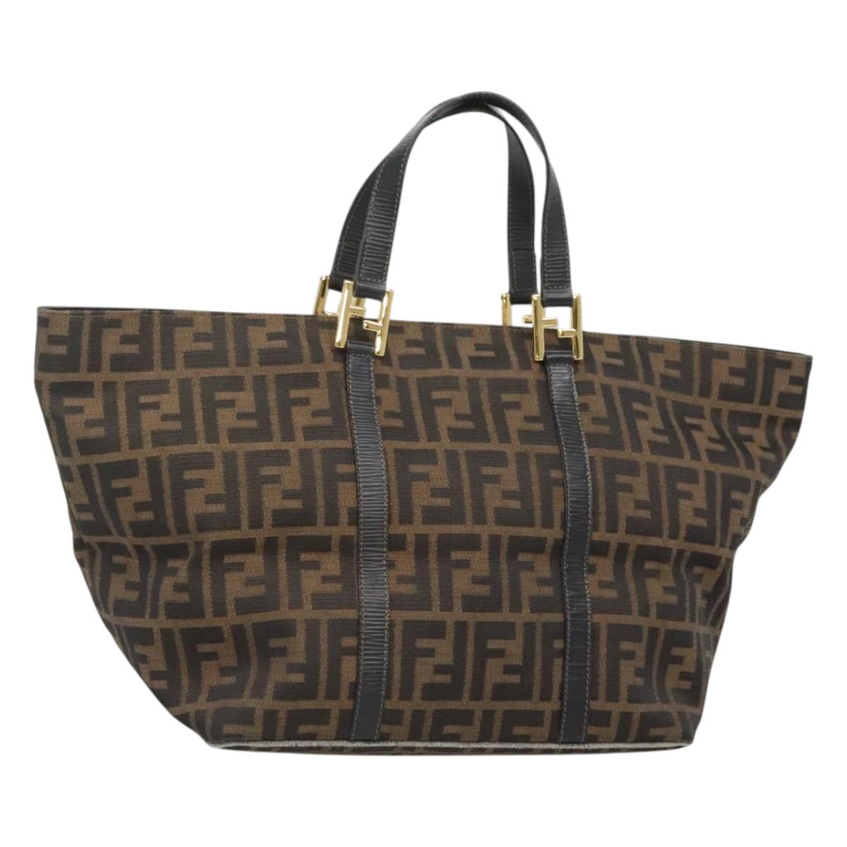 FENDI Zucca Canvas Hand Bag Brown Black gold Auth ar13588
