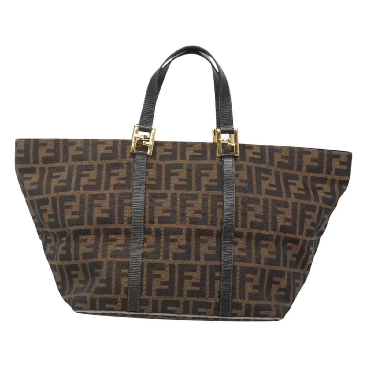 FENDI Zucca Canvas Hand Bag Brown Black gold Auth ar13588