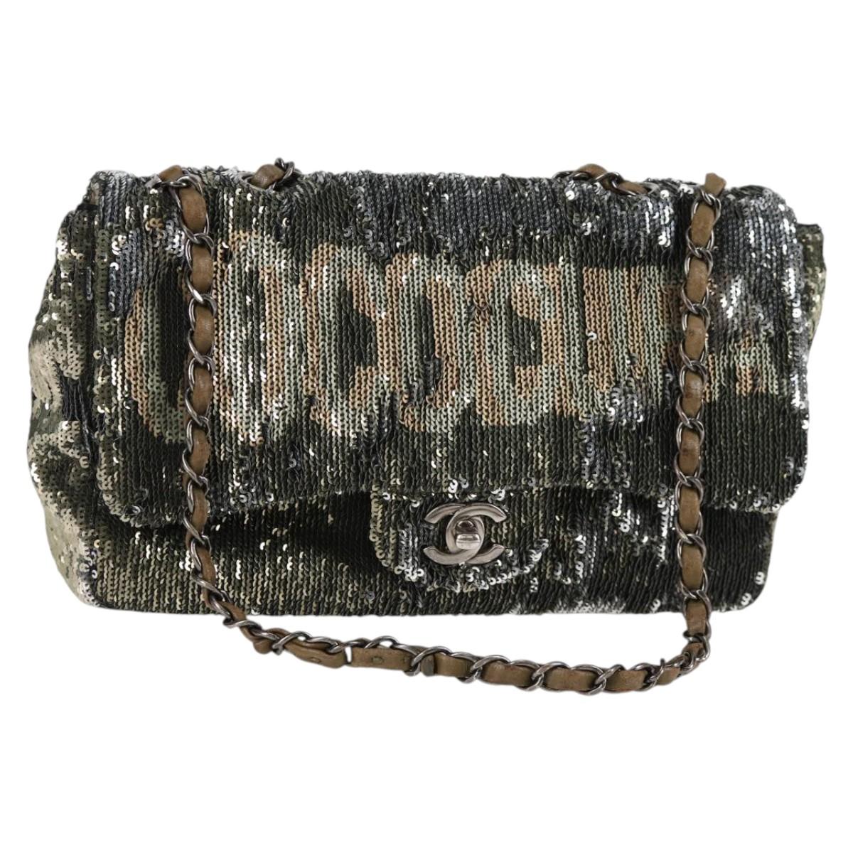 CHANEL 2017 Cruise Coco Cuba Chain Shoulder Bag Sequin Green CC Auth ar13715M