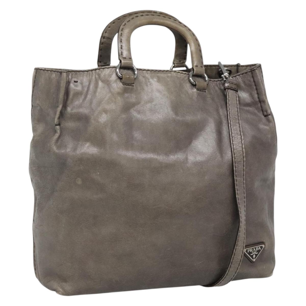 PRADA Hand Bag Leather 2way Gray Silver Auth ar13717