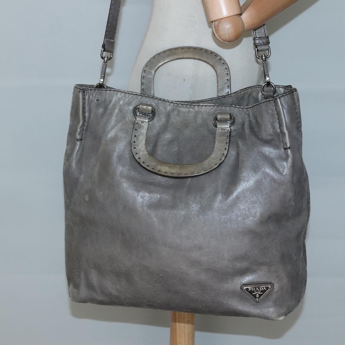 PRADA Hand Bag Leather 2way Gray Silver Auth ar13717