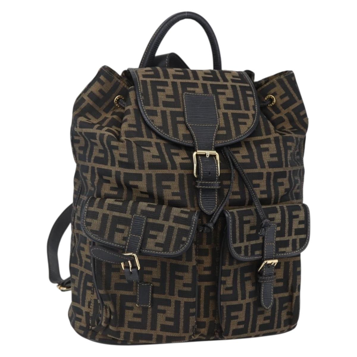 FENDI Zucca Canvas Backpack Brown Black gold Auth ar13750