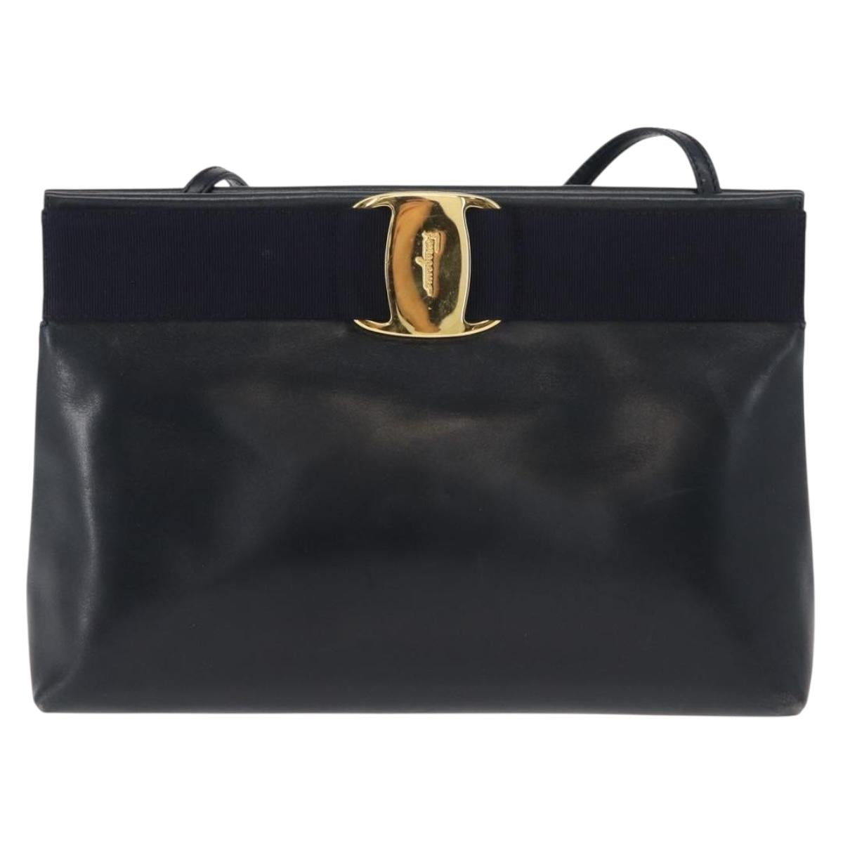 Salvatore Ferragamo Vala Shoulder Bag Leather Navy Gold Auth ar13751