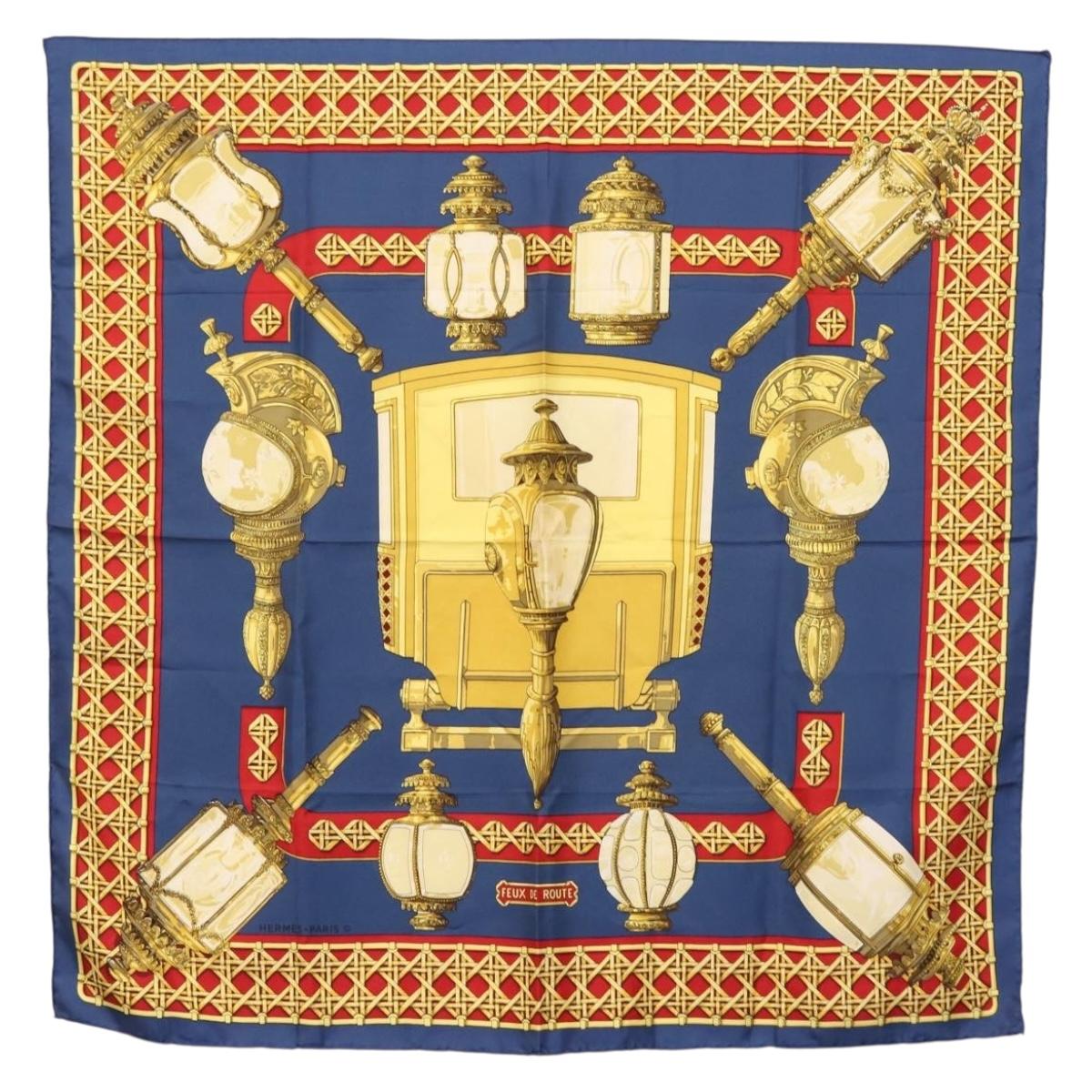 HERMES Carre 90 Scarf ""FEUX DE ROUTE"" Silk Blue Auth ar13764