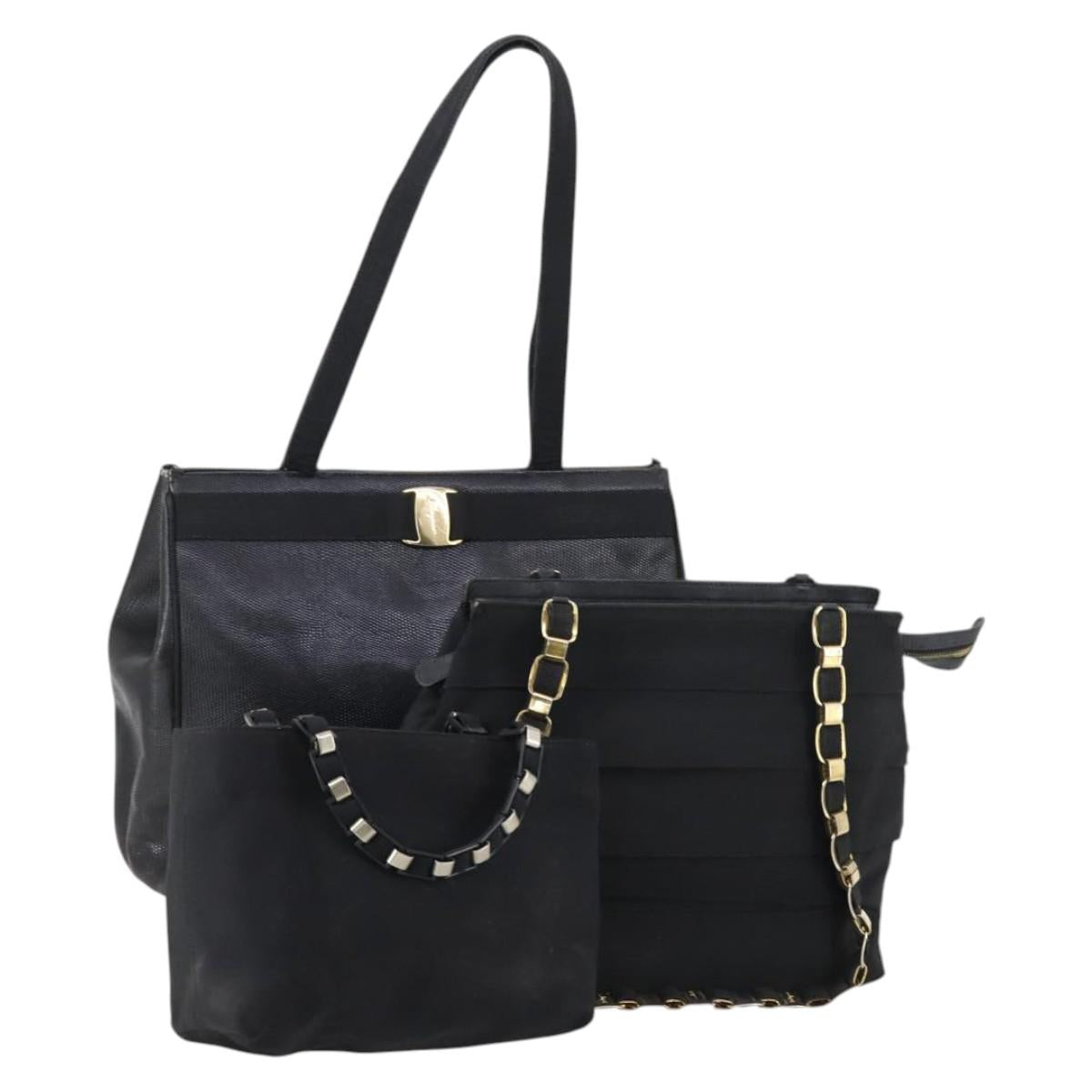 Salvatore Ferragamo Vala Bag Leather Canvas 3Set Black Auth ar13765