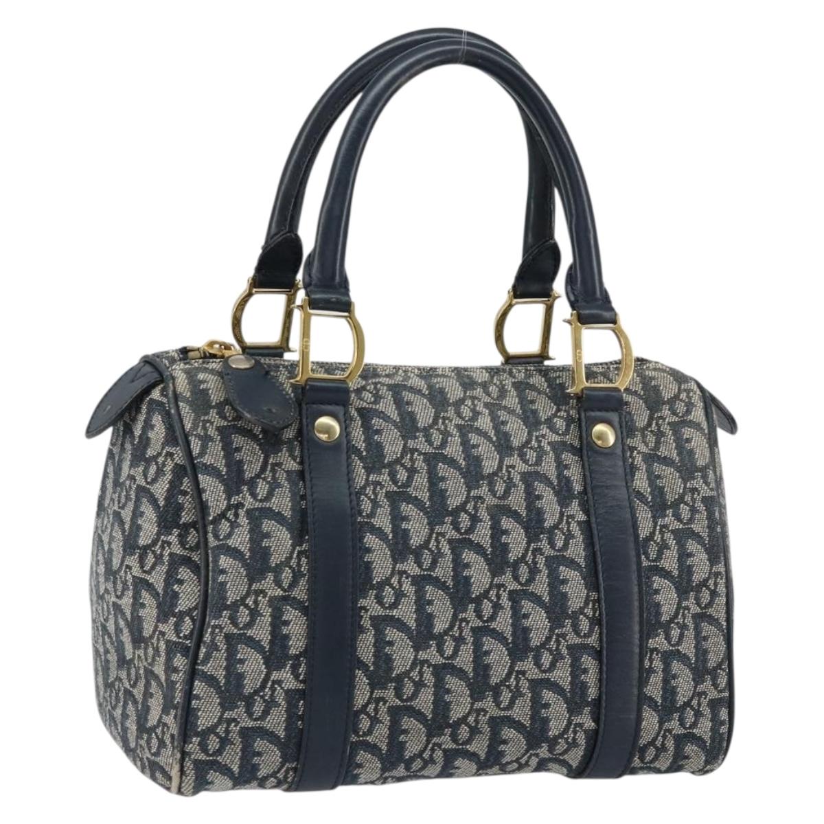 Christian Dior Trotter Canvas Mini Boston Bag Navy Gold Auth ar13772