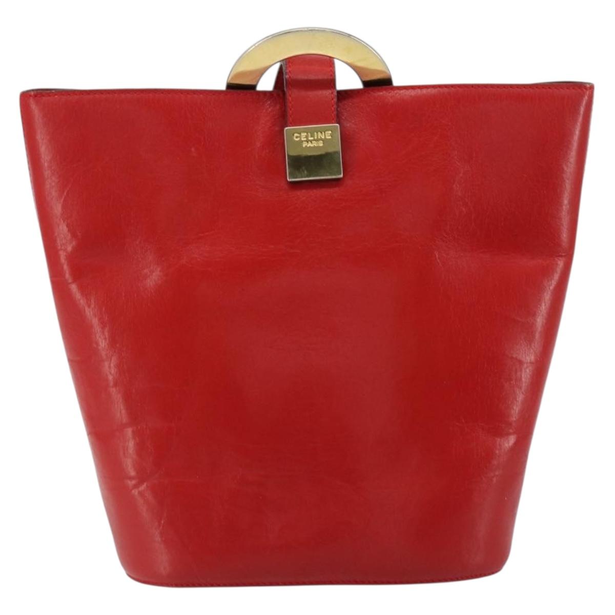 CELINE Circle Shoulder Bag Leather Red Gold Auth ar13783
