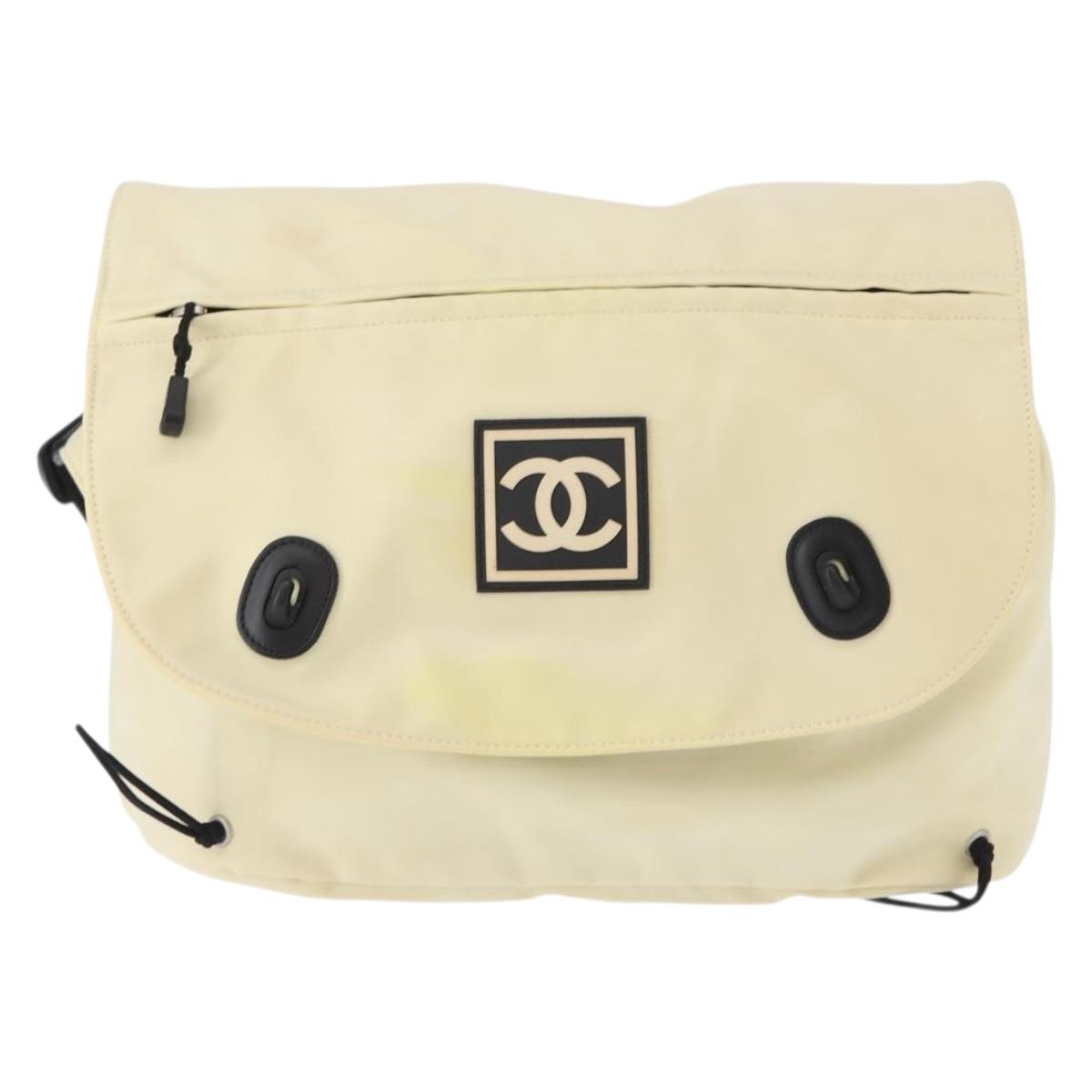 CHANEL Sports Line COCO Mark Shoulder Bag Nylon Ivory Black CC Auth ar13792