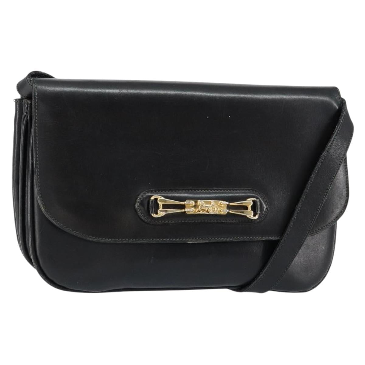 CELINE Horse Carriage Shoulder Bag Leather Black Gold Auth ar13797