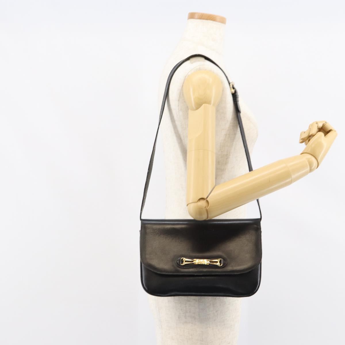 CELINE Horse Carriage Shoulder Bag Leather Black Gold Auth ar13797