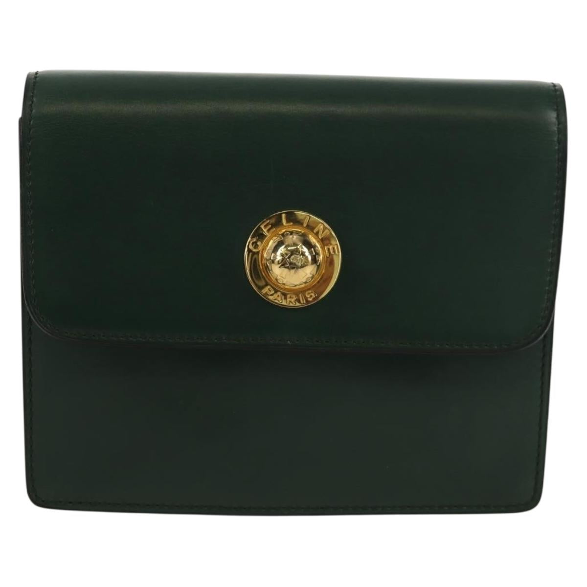 CELINE Chain Shoulder Bag Leather Green Gold Auth ar13811V