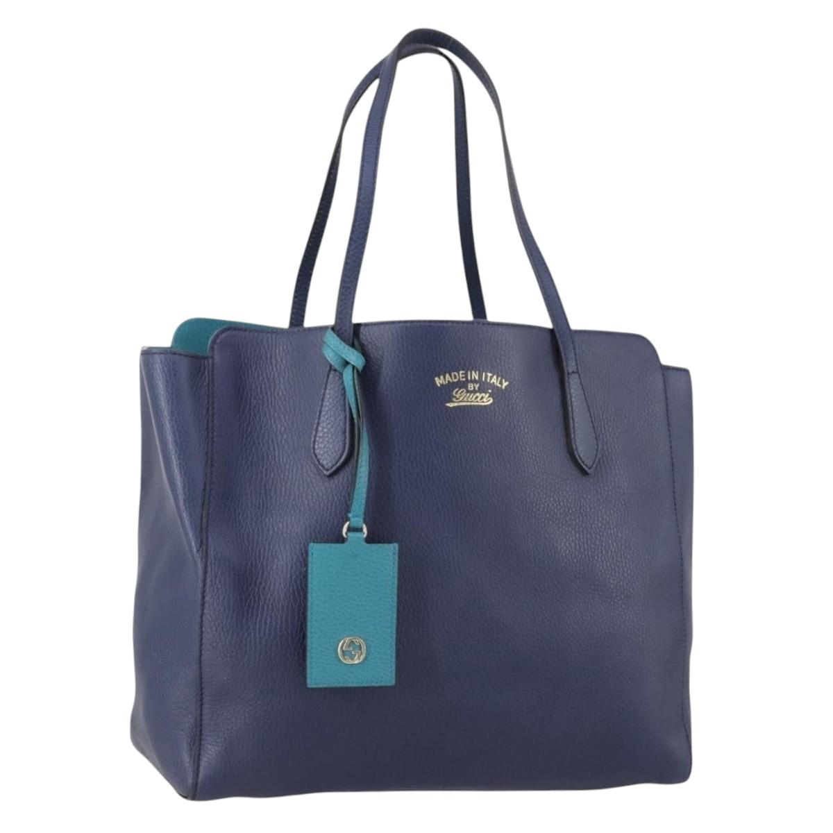 GUCCI Tote Bag Leather Blue Gold 354397 Auth ar13812