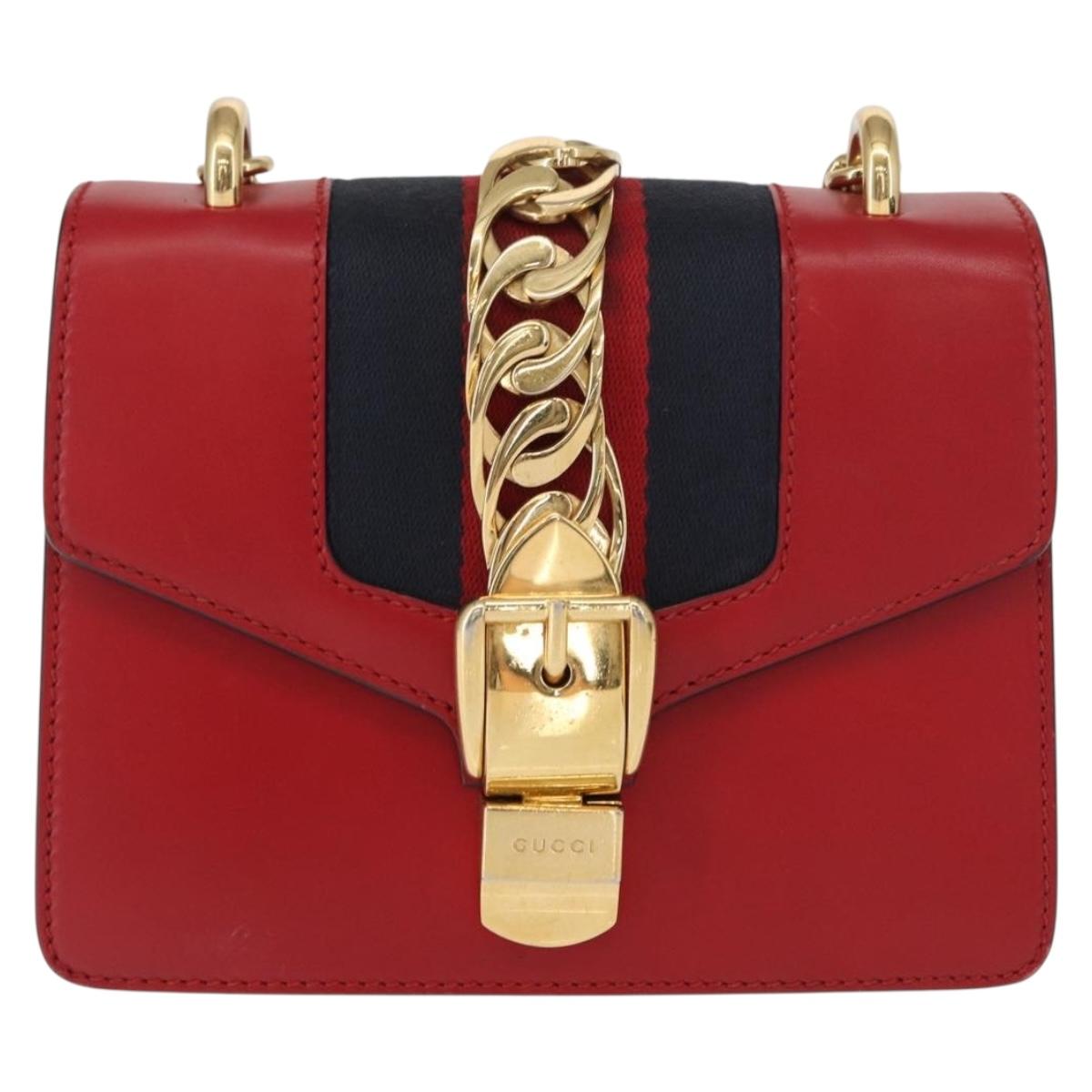 GUCCI Sylvie Sherry Line Chain Shoulder Bag Leather Red Gold 431666 Auth ar13813
