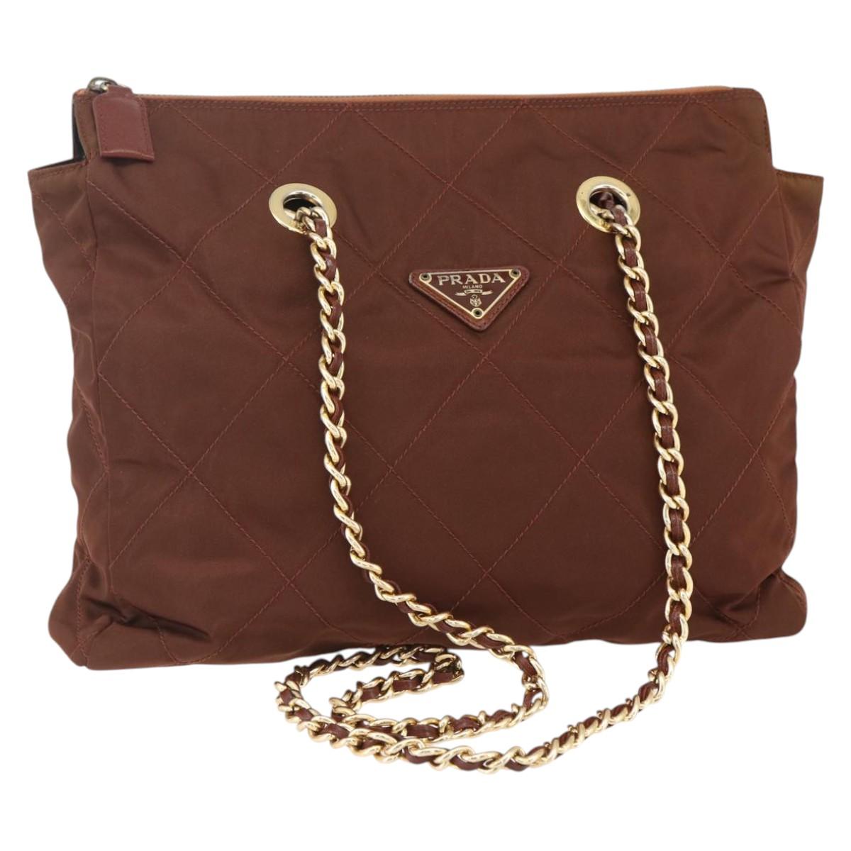 PRADA Chain Tote Bag Nylon Gold Brown Auth ar13820