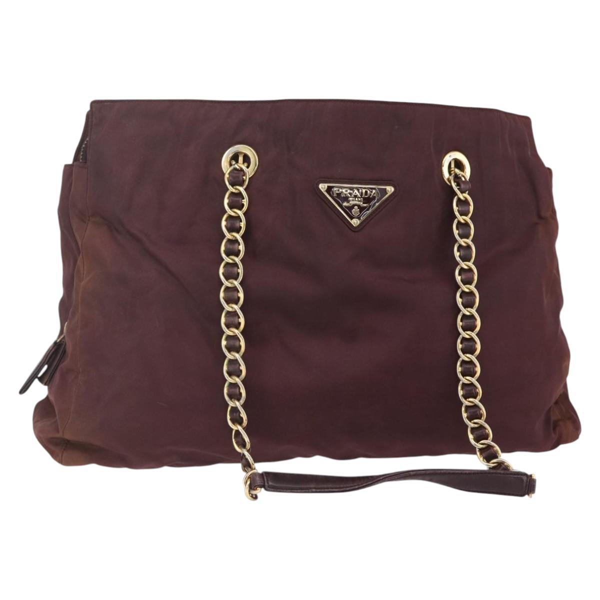 PRADA Chain Tote Bag Nylon Bordeaux Gold Auth ar13821
