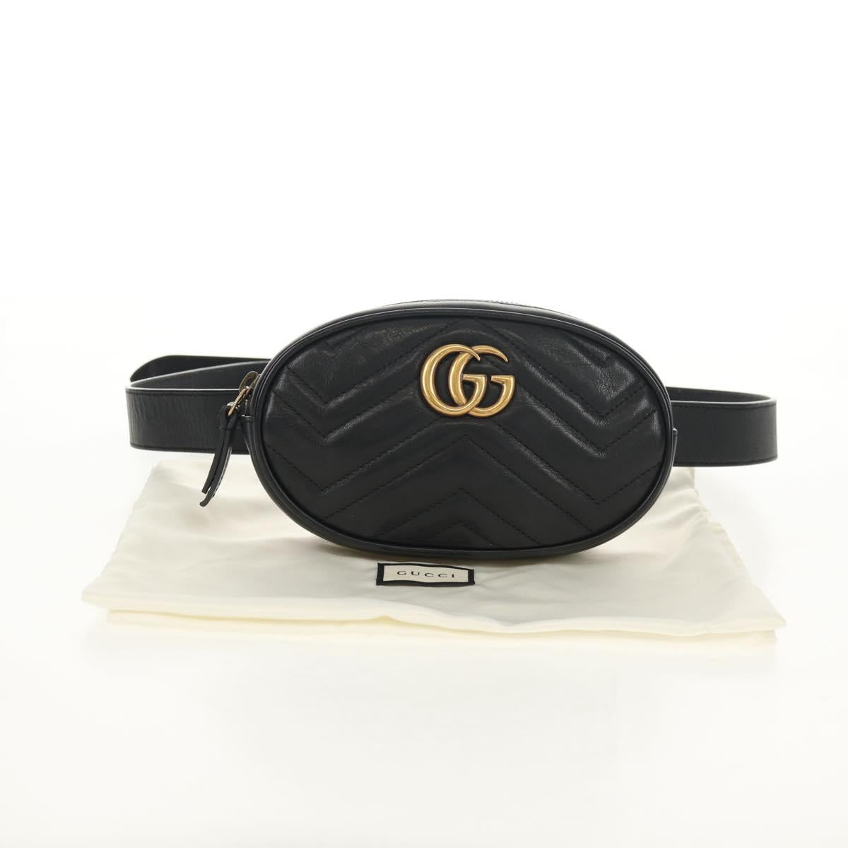 GUCCI GG Marmont Waist Bag Leather Black Gold 476434 Auth ar13822A