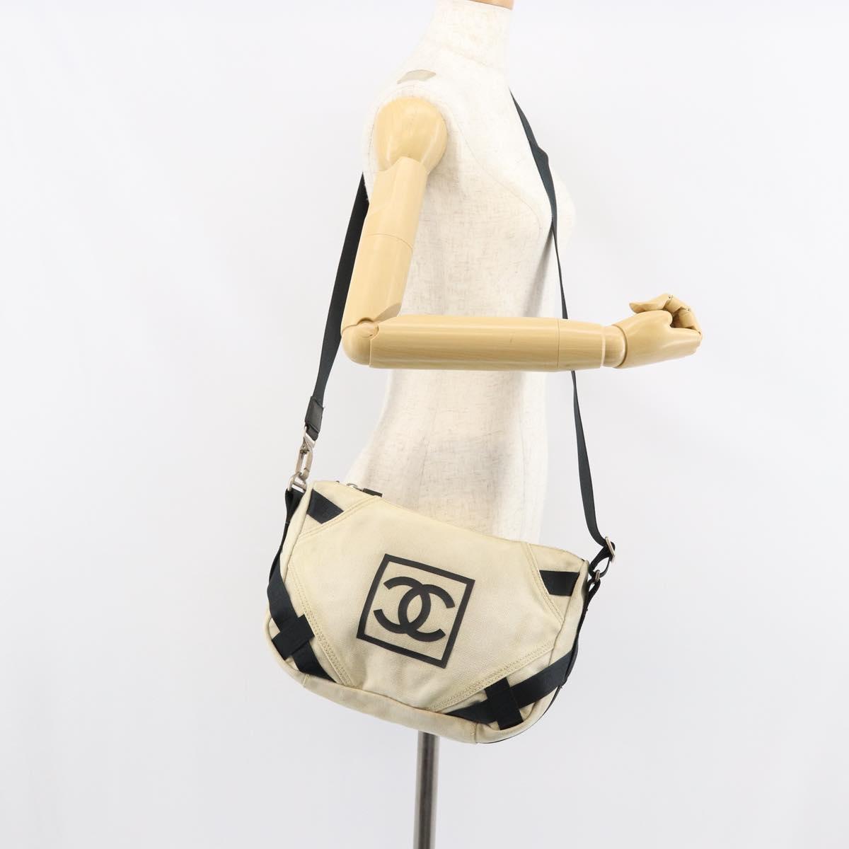 CHANEL Sports COCO Mark Shoulder Bag Canvas Beige Silver CC Auth ar13844