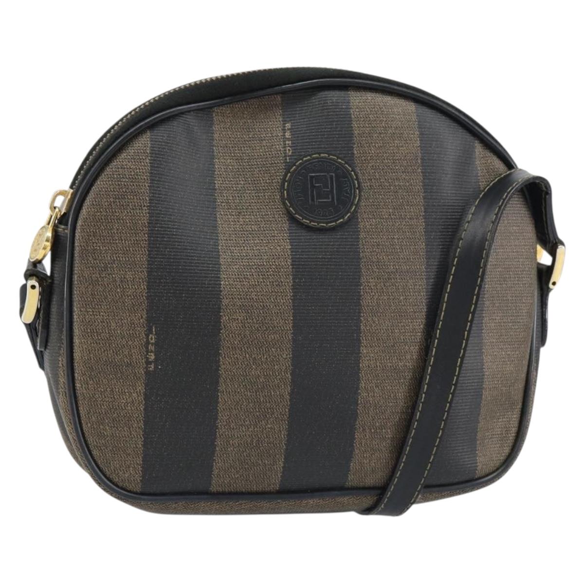 FENDI Pecan Canvas Shoulder Bag PVC Black Brown gold Auth ar13856