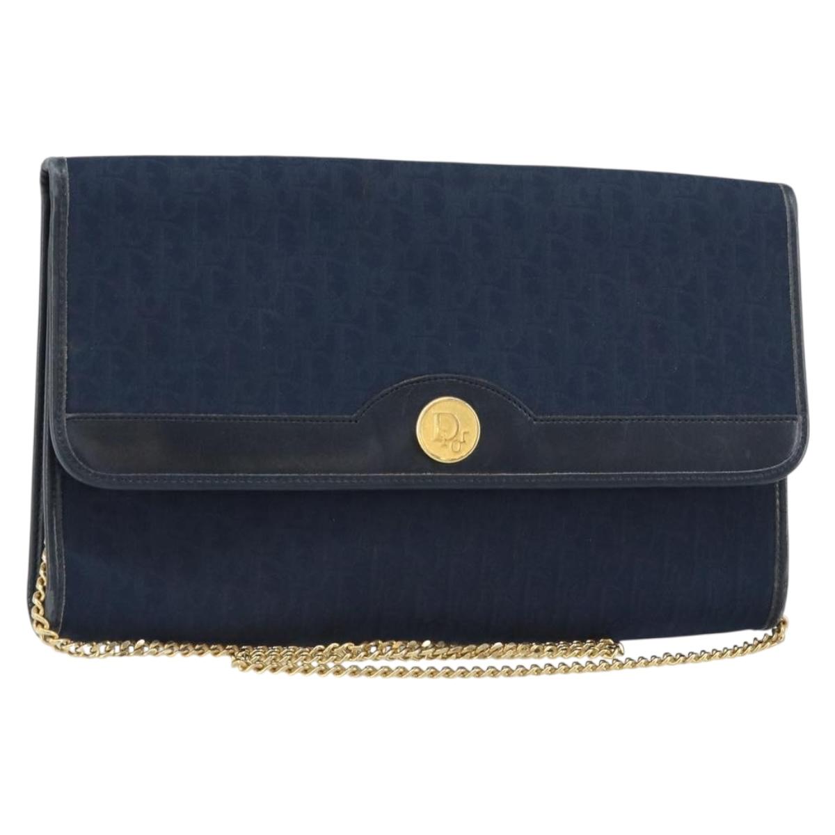 Christian Dior Trotter Canvas Chain Shoulder Bag Navy Gold Auth ar13869