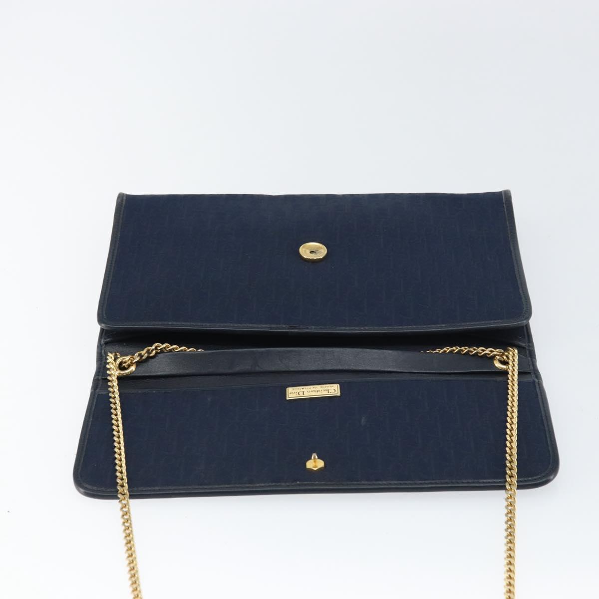 Christian Dior Trotter Canvas Chain Shoulder Bag Navy Gold Auth ar13869