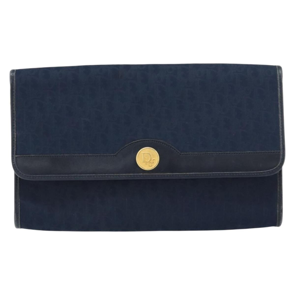 Christian Dior Trotter Canvas Chain Shoulder Bag Navy Gold Auth ar13869