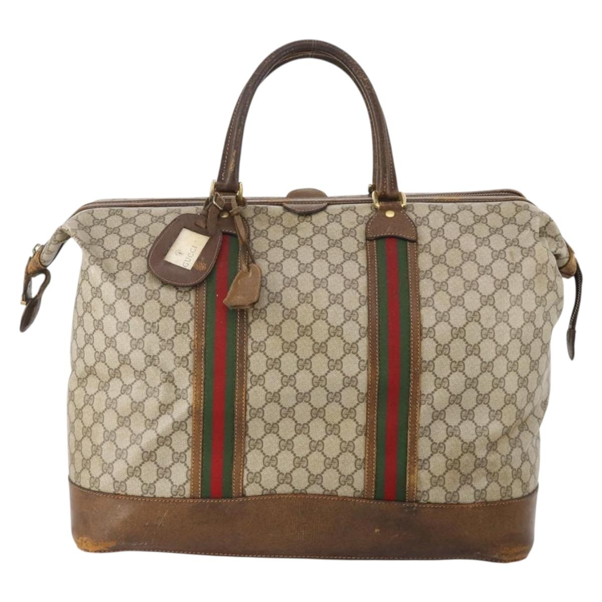 GUCCI GG Supreme Web Sherry Line Boston Bag PVC Beige Gold Auth ar13893