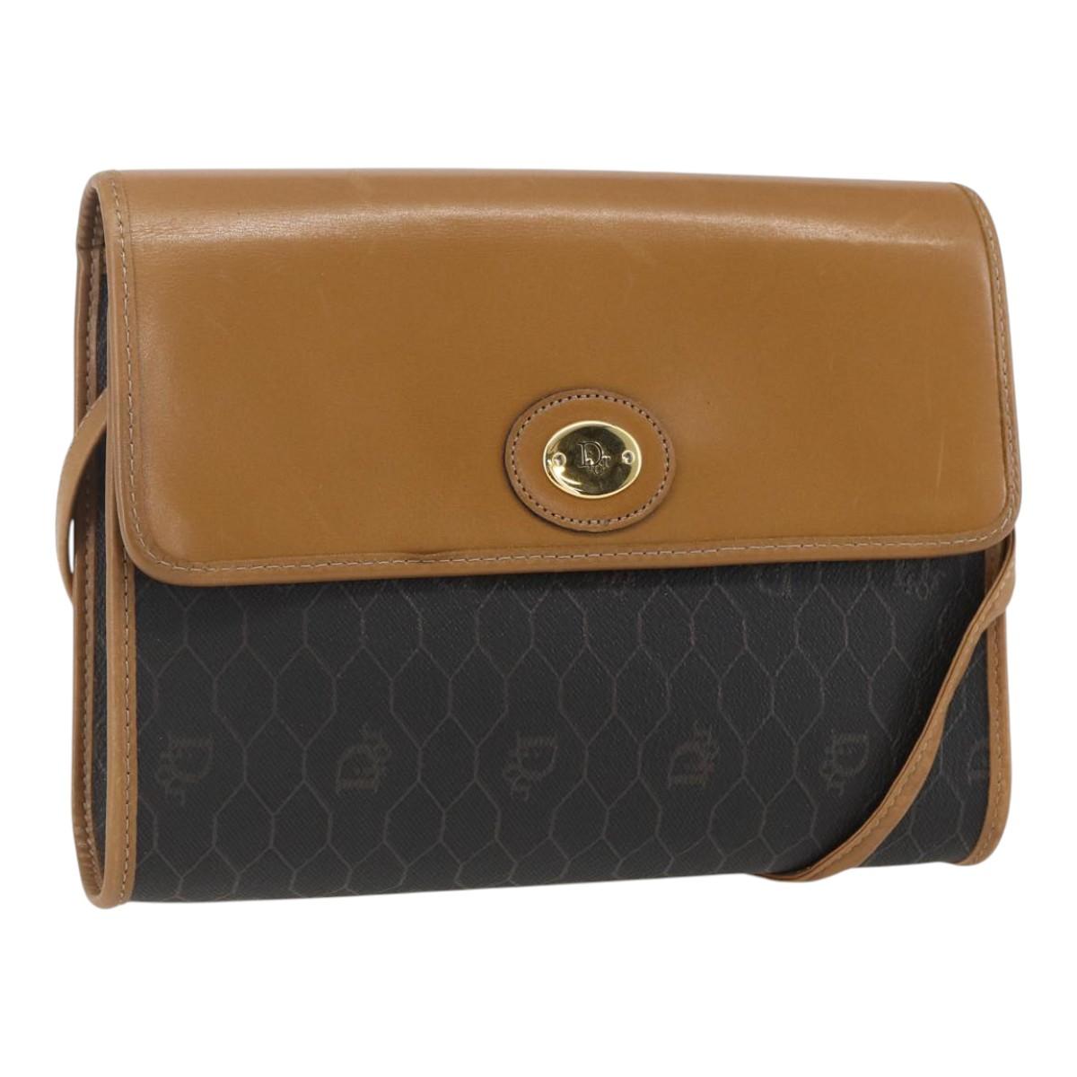 Christian Dior Honeycomb Canvas Shoulder Bag PVC Black Gold Auth ar13897