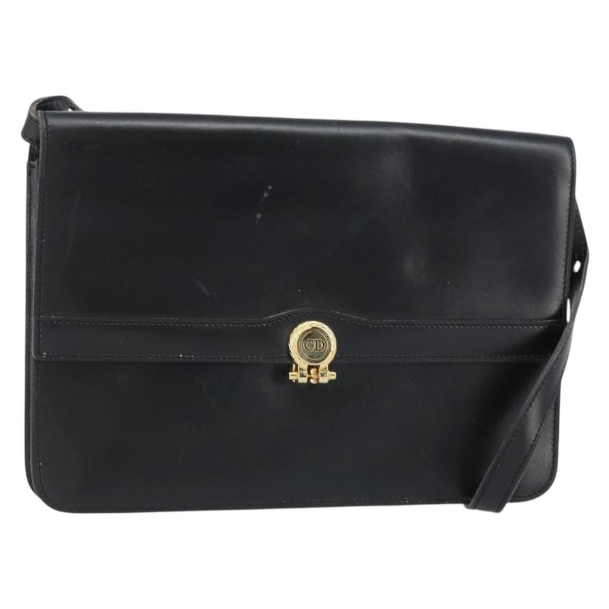 Christian Dior Shoulder Bag Leather Black Gold Auth ar13899