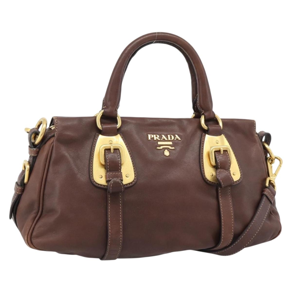 PRADA Hand Bag Leather 2way Brown Gold Auth ar13931A