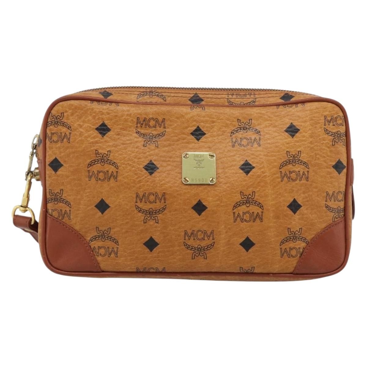 MCM Vicetos Logogram Clutch Bag PVC Leather Brown Gold Auth ar13951