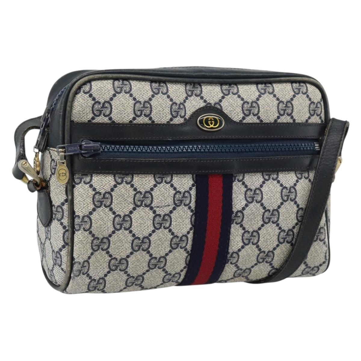 GUCCI GG Supreme Sherry Line Shoulder Bag PVC Navy Gold Auth ar13955