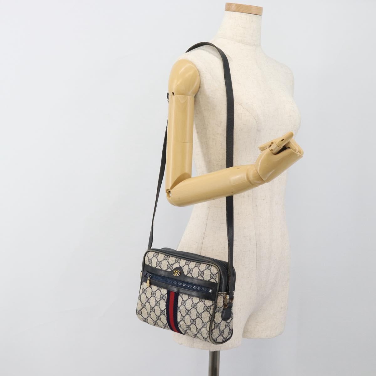 GUCCI GG Supreme Sherry Line Shoulder Bag PVC Navy Gold Auth ar13955