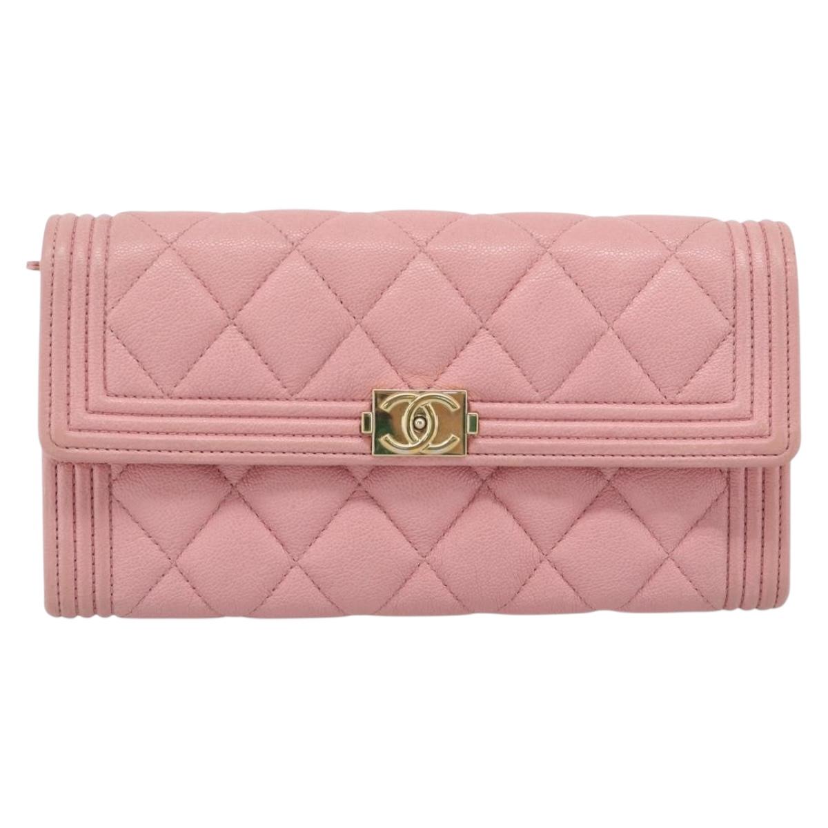 CHANEL Boy Chanel Long Wallet Caviar Skin Pink Gold CC Auth ar13963