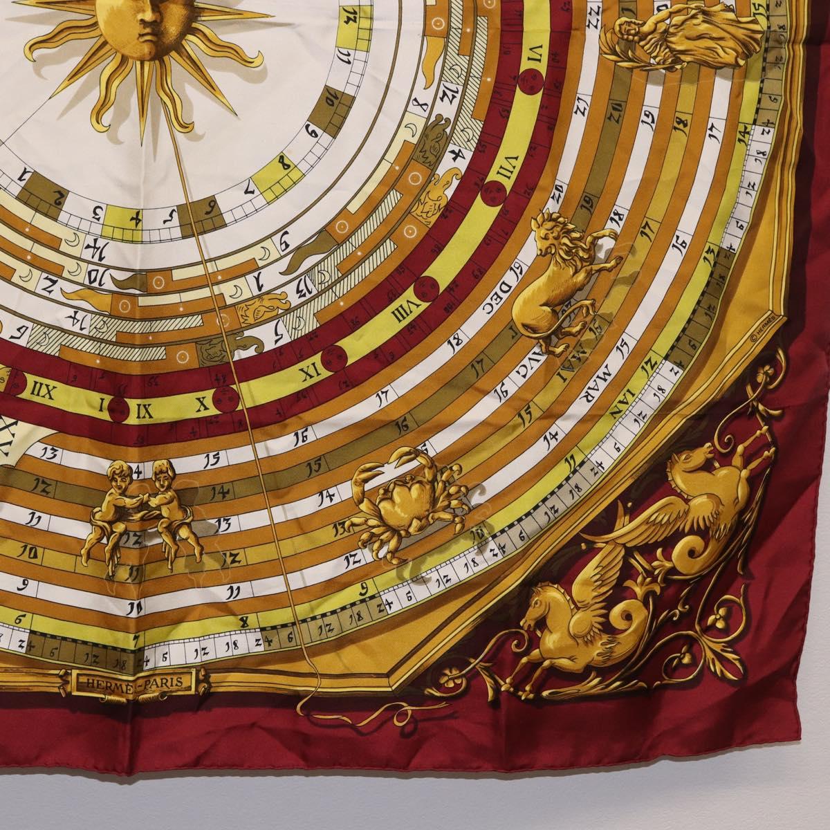 HERMES Carre 90 Scarf ""DIES ET HORE"" Silk Bordeaux Auth ar13966