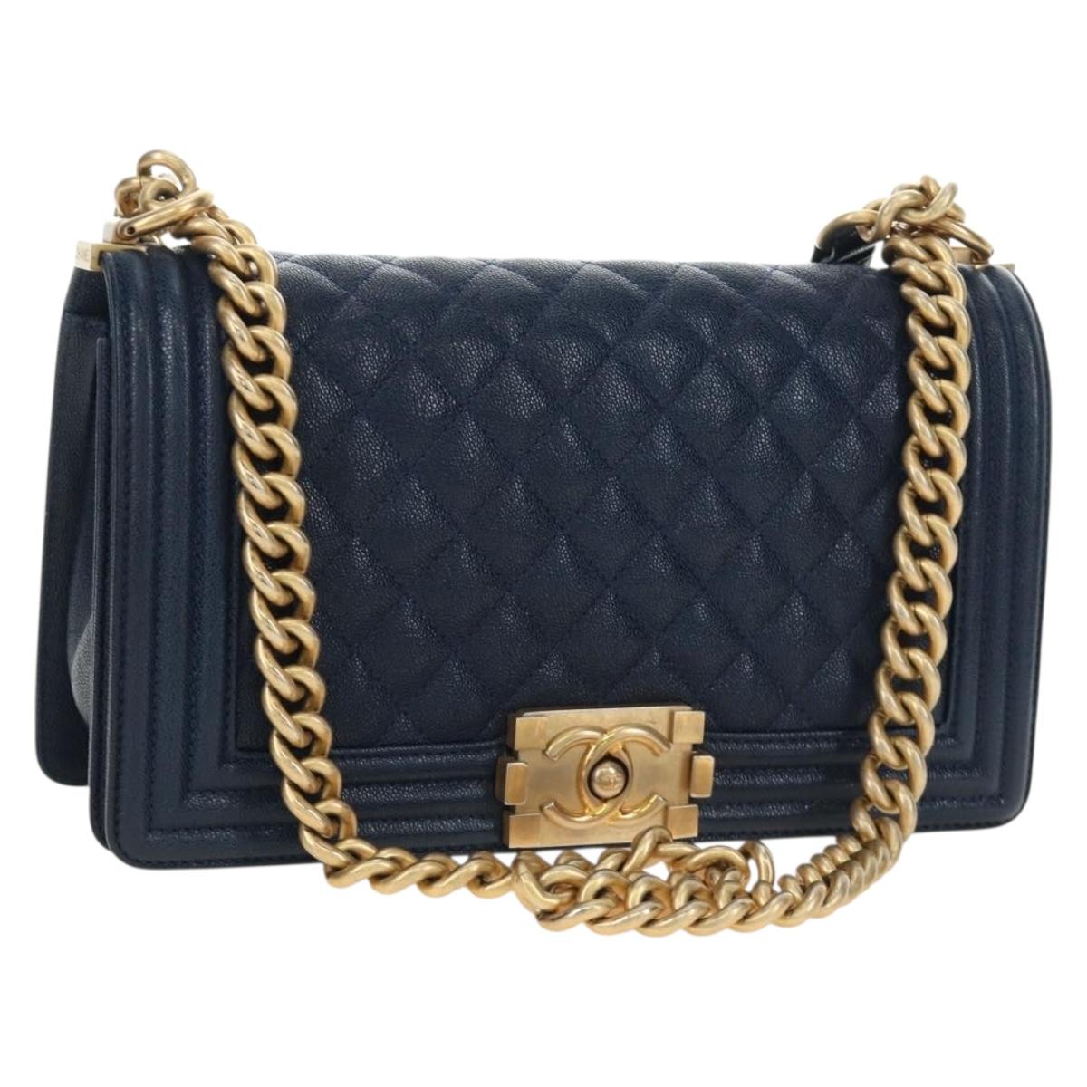 CHANEL Boy Chanel Matelasse Chain Bag Caviar Skin Navy Gold CC Auth ar13972SAM