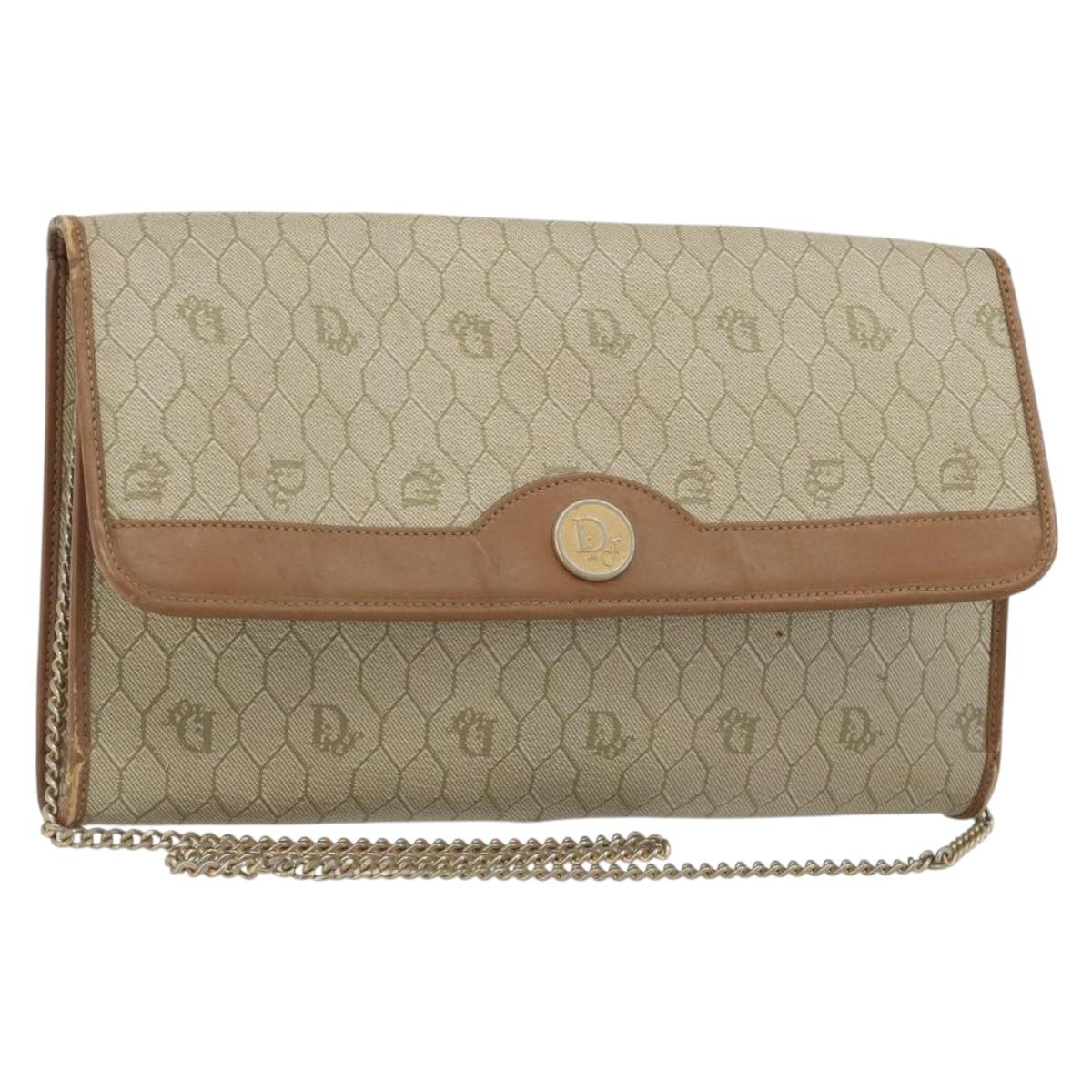 Christian Dior Honeycomb Canvas Shoulder Bag PVC Beige Gold Auth ar13978