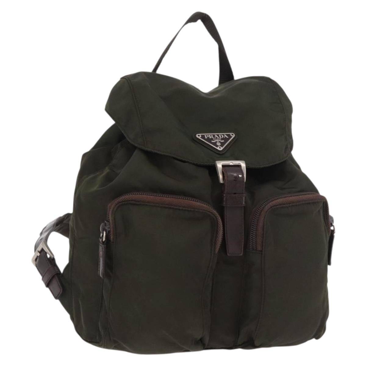PRADA Backpack Nylon Khaki Silver Auth ar14006