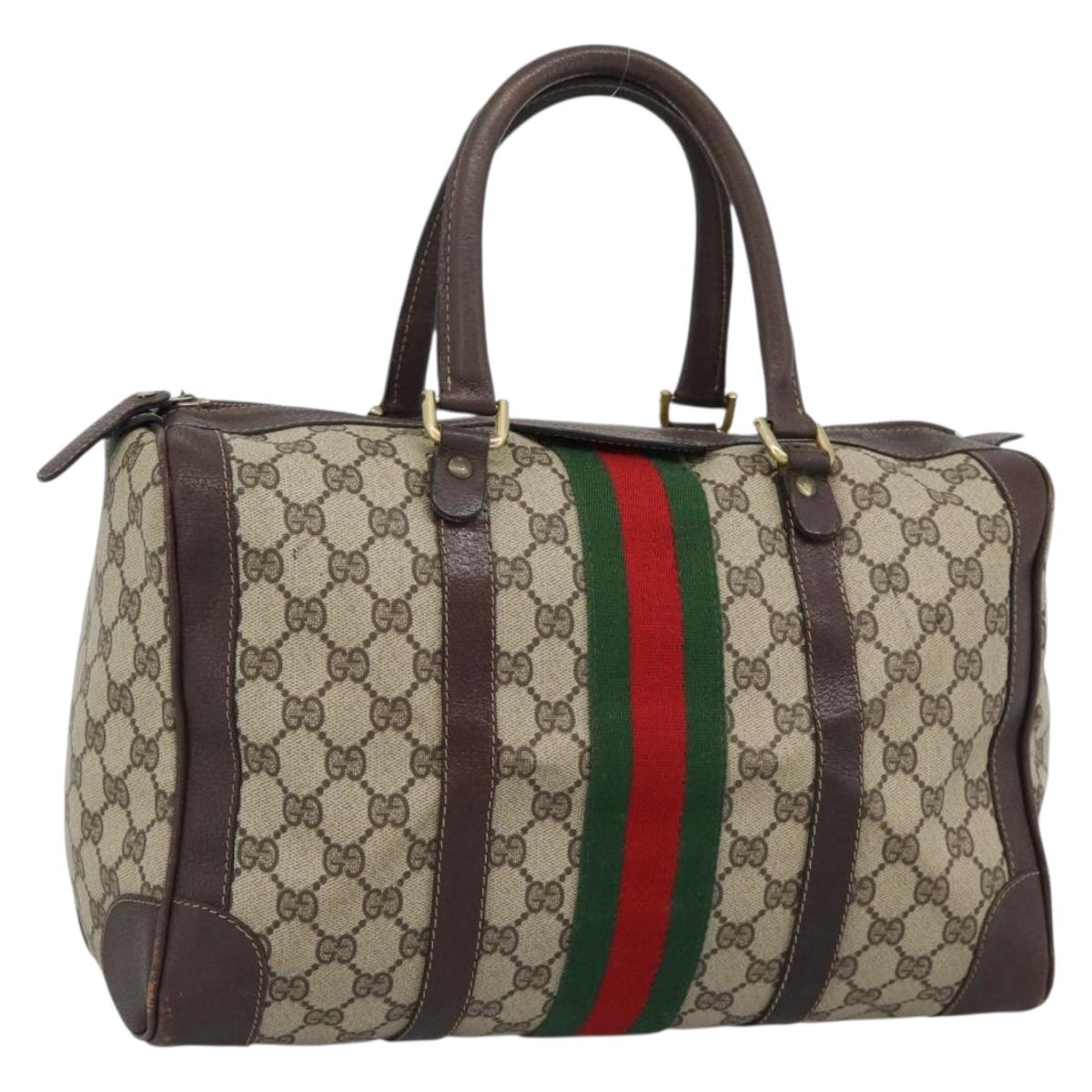 GUCCI GG Supreme Web Sherry Line Boston Bag PVC Beige Gold Auth ar14009
