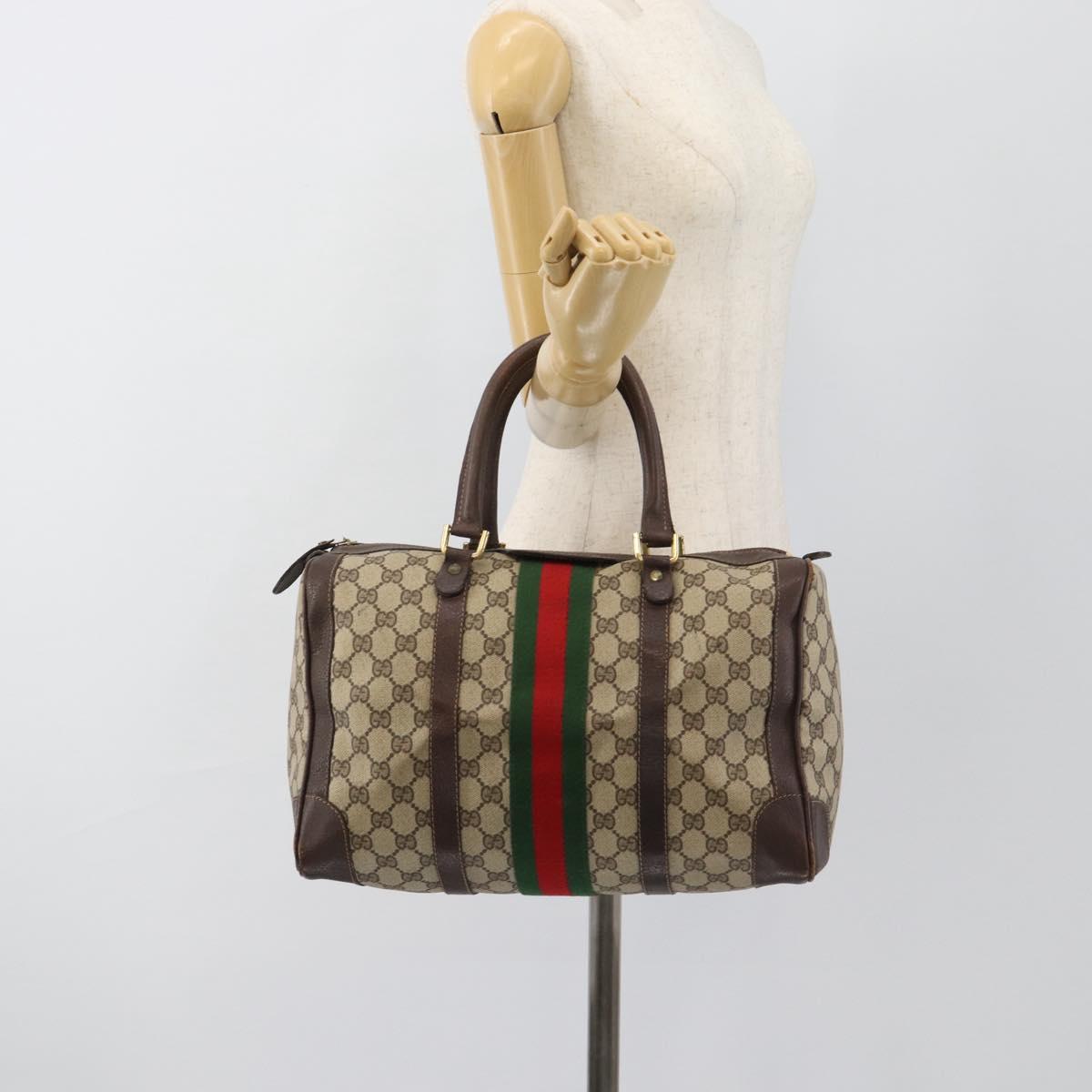 GUCCI GG Supreme Web Sherry Line Boston Bag PVC Beige Gold Auth ar14009