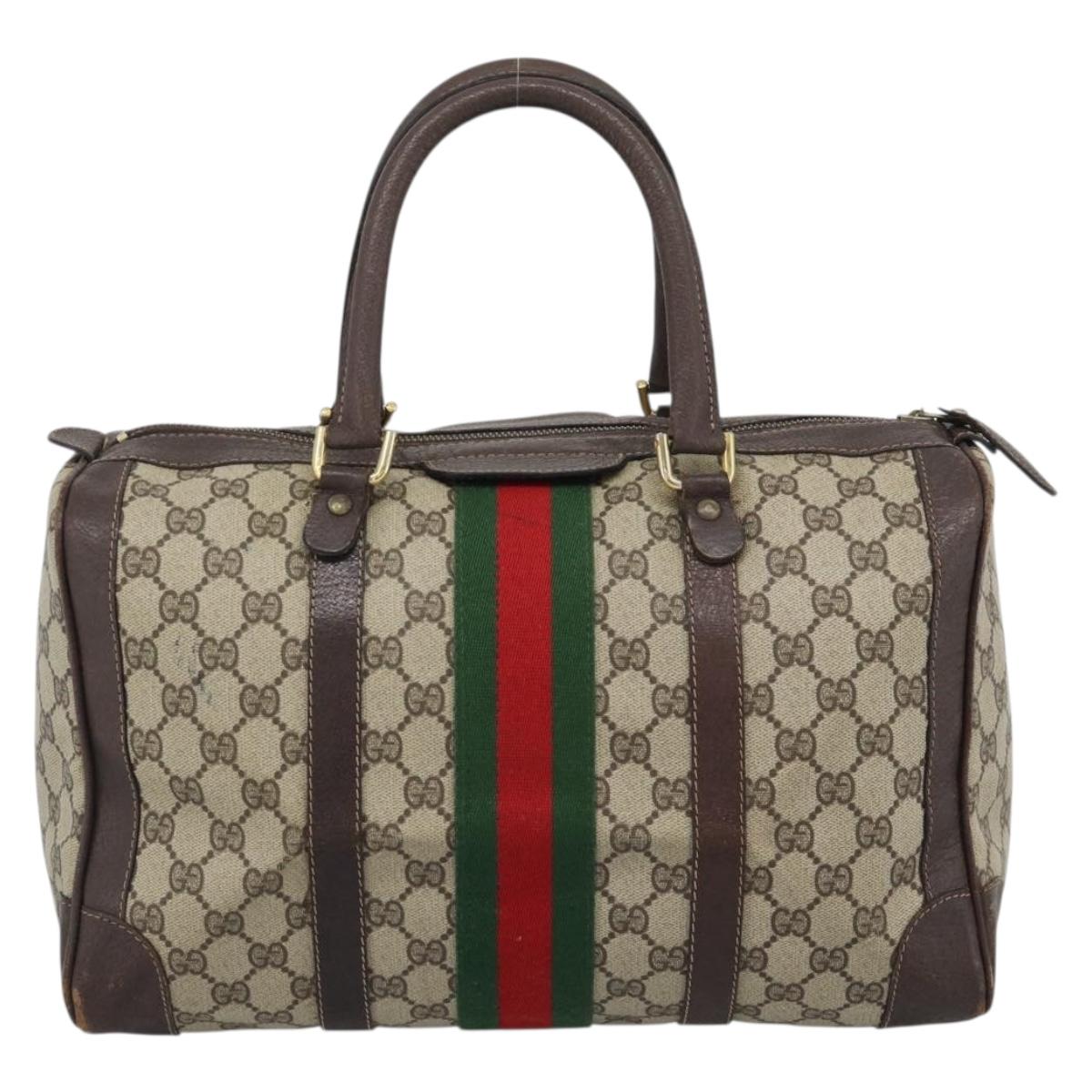 GUCCI GG Supreme Web Sherry Line Boston Bag PVC Beige Gold Auth ar14009