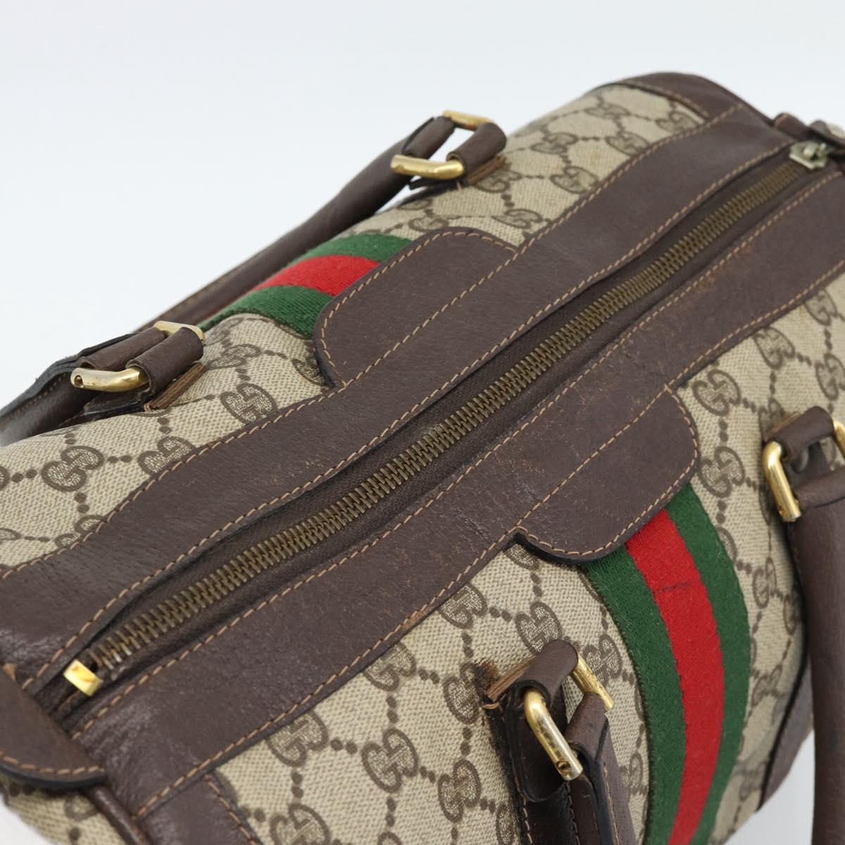 GUCCI GG Supreme Web Sherry Line Boston Bag PVC Beige Gold Auth ar14009