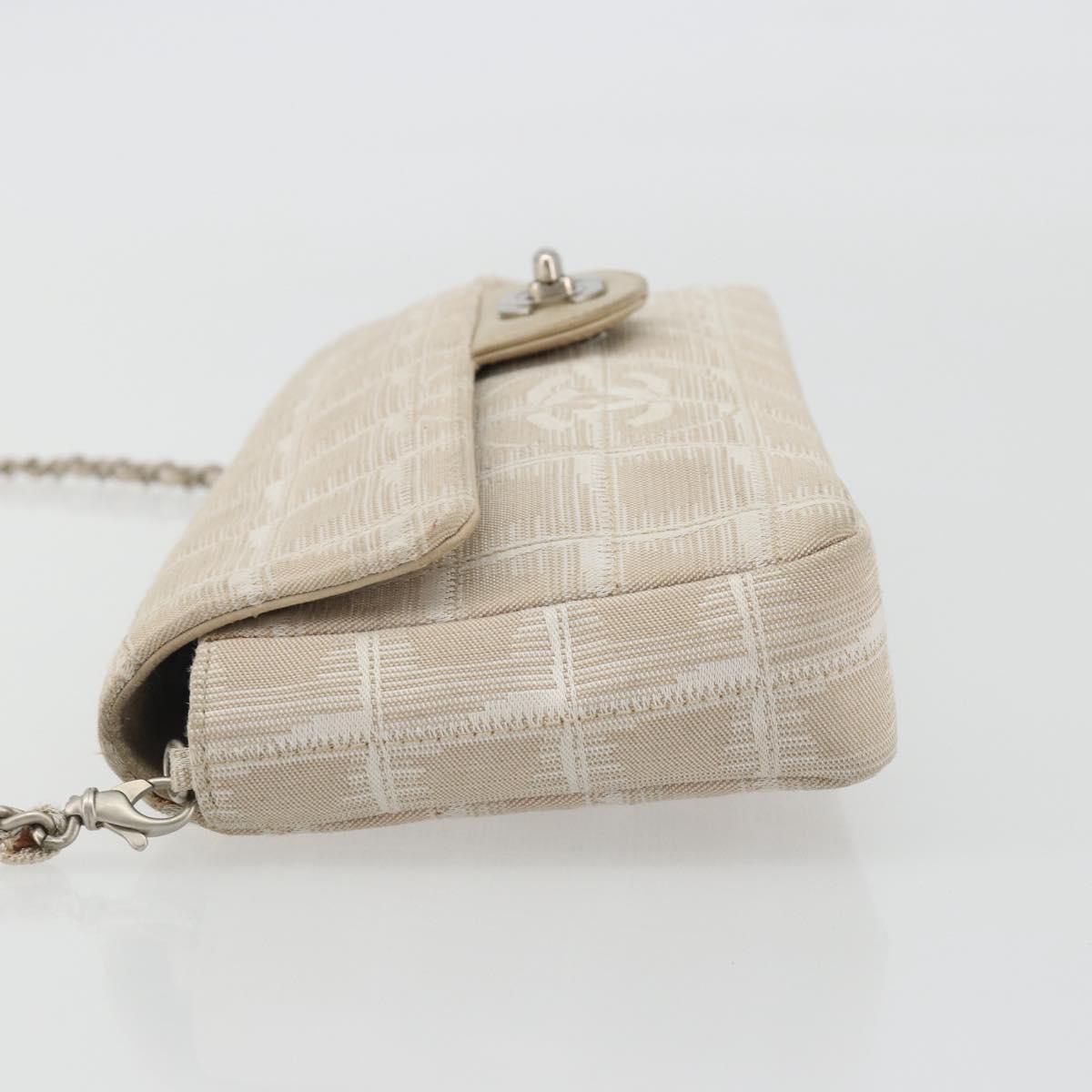 CHANEL New Travel Line Chain Shoulder Bag Canvas Beige Silver CC Auth ar14011SAV