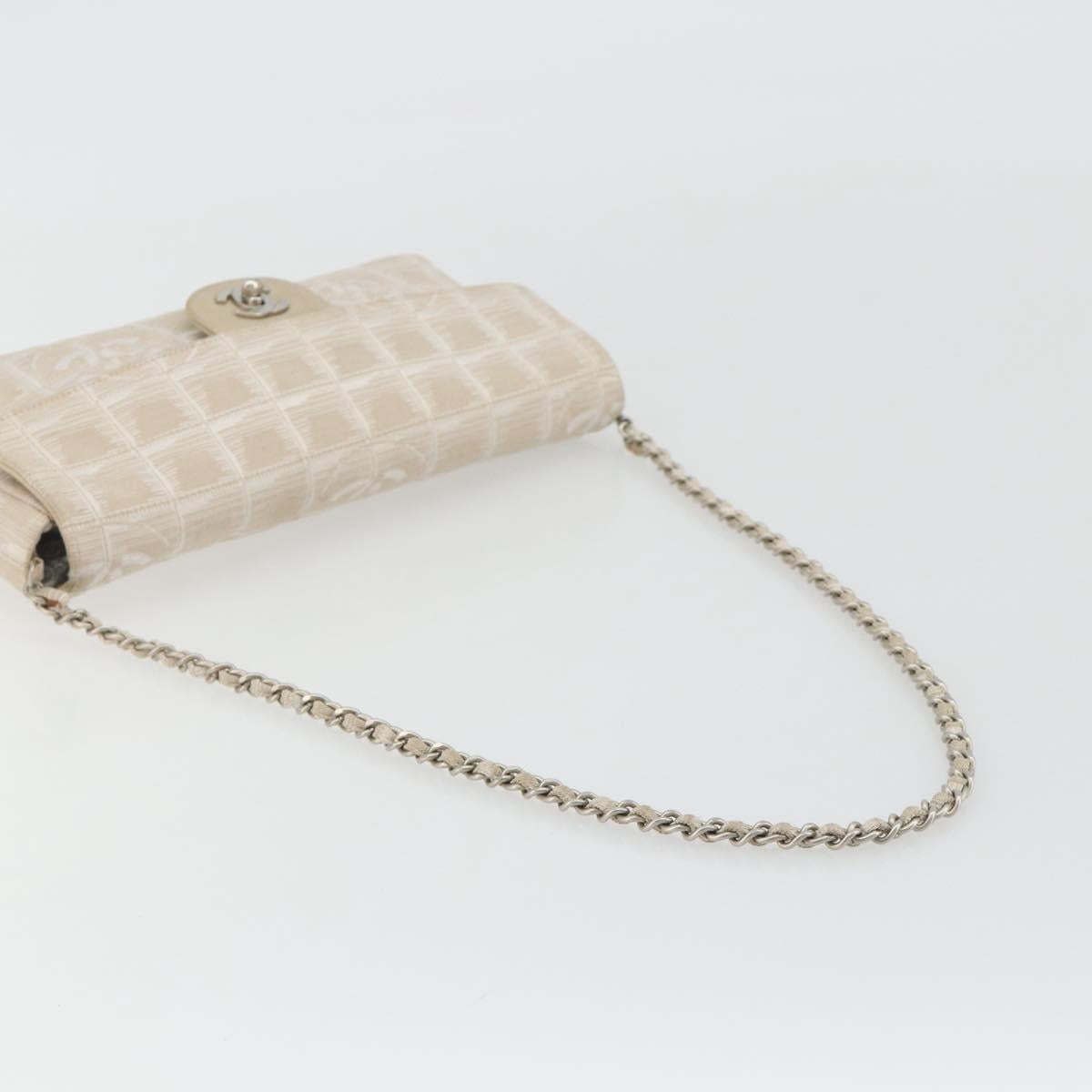 CHANEL New Travel Line Chain Shoulder Bag Canvas Beige Silver CC Auth ar14011SAV