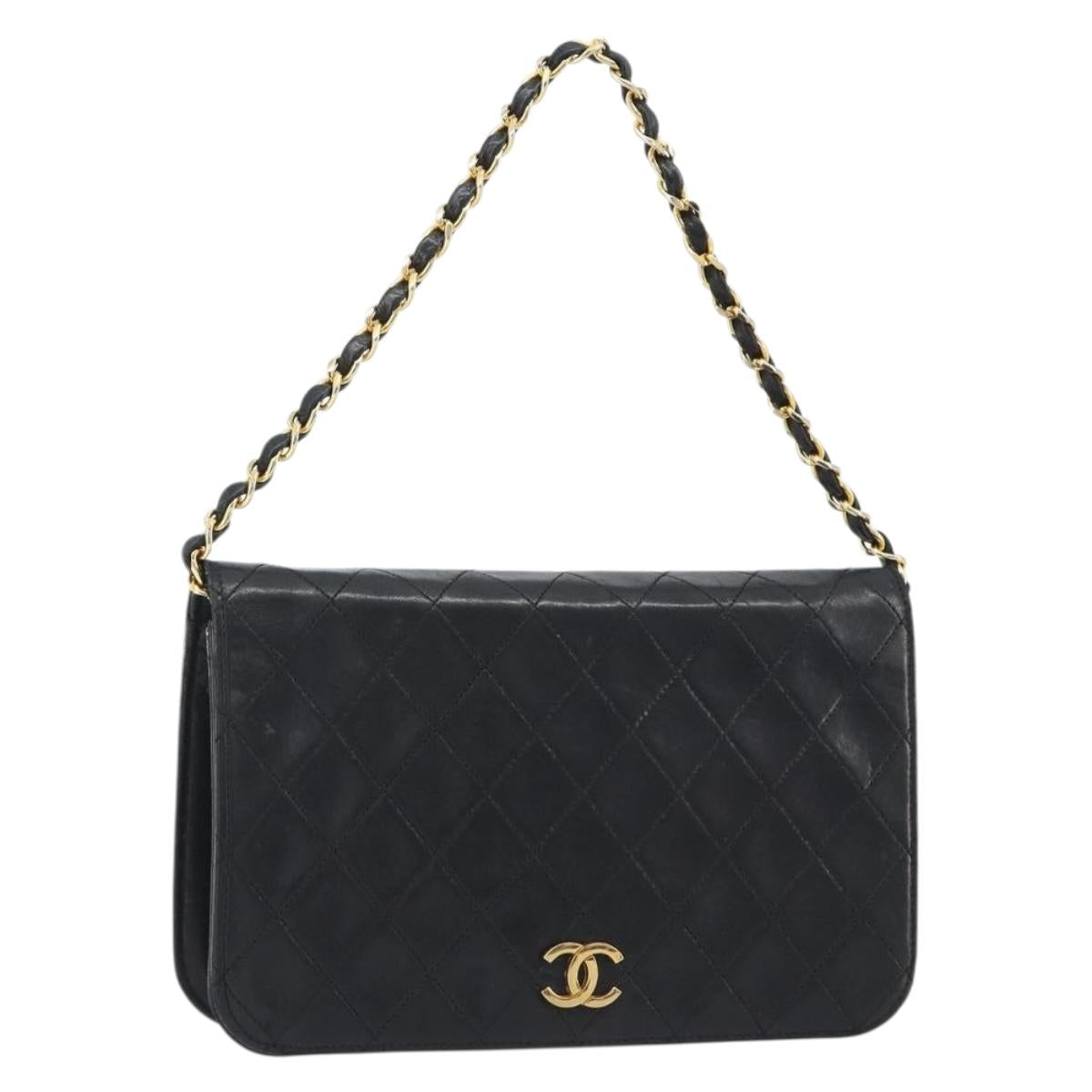 CHANEL Matelasse Chain Hand Bag Lamb Skin Black Gold CC Auth ar14020